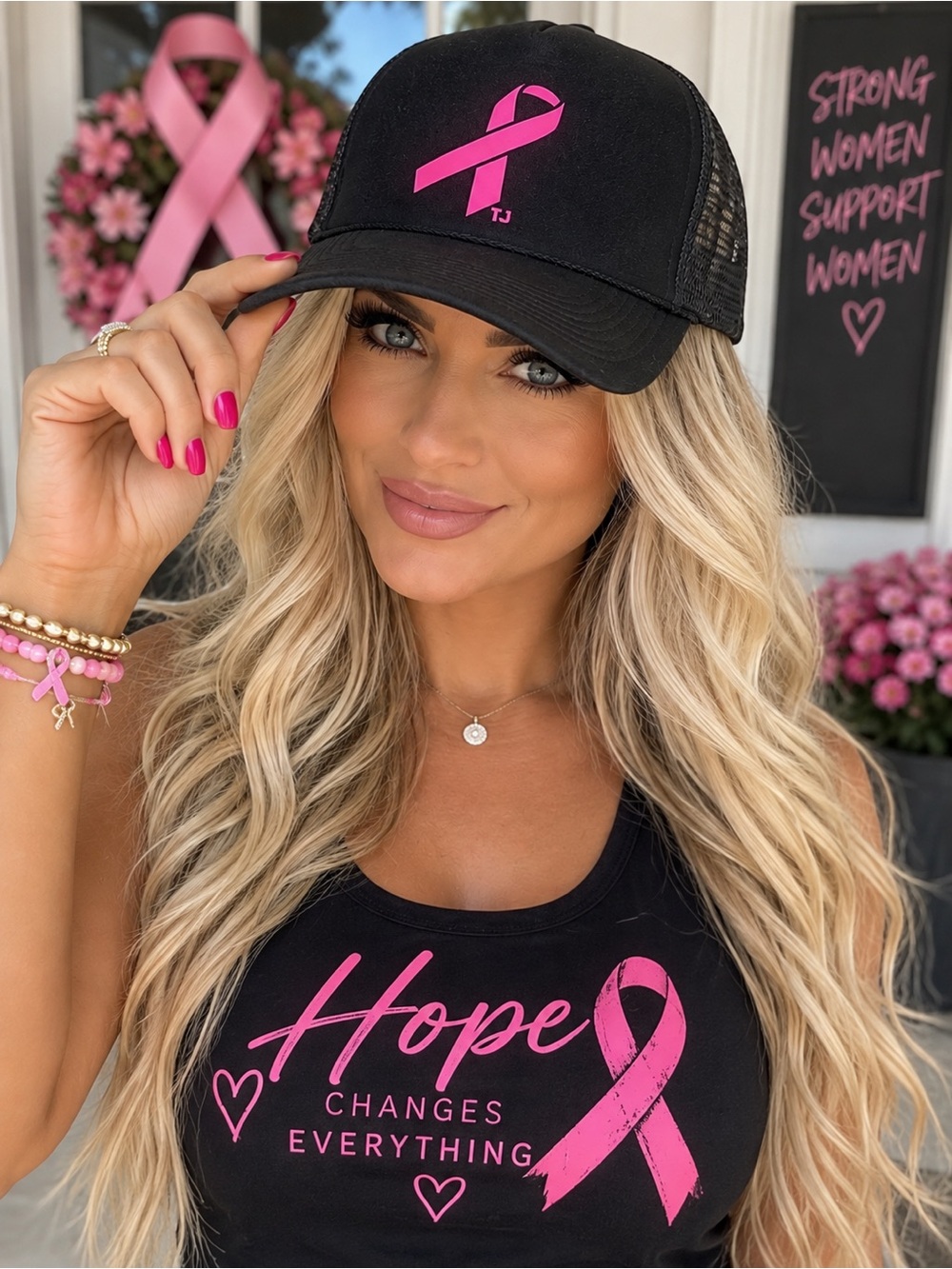 Breast Cancer Awareness Trucker Hat - Black with Pink Ribbon